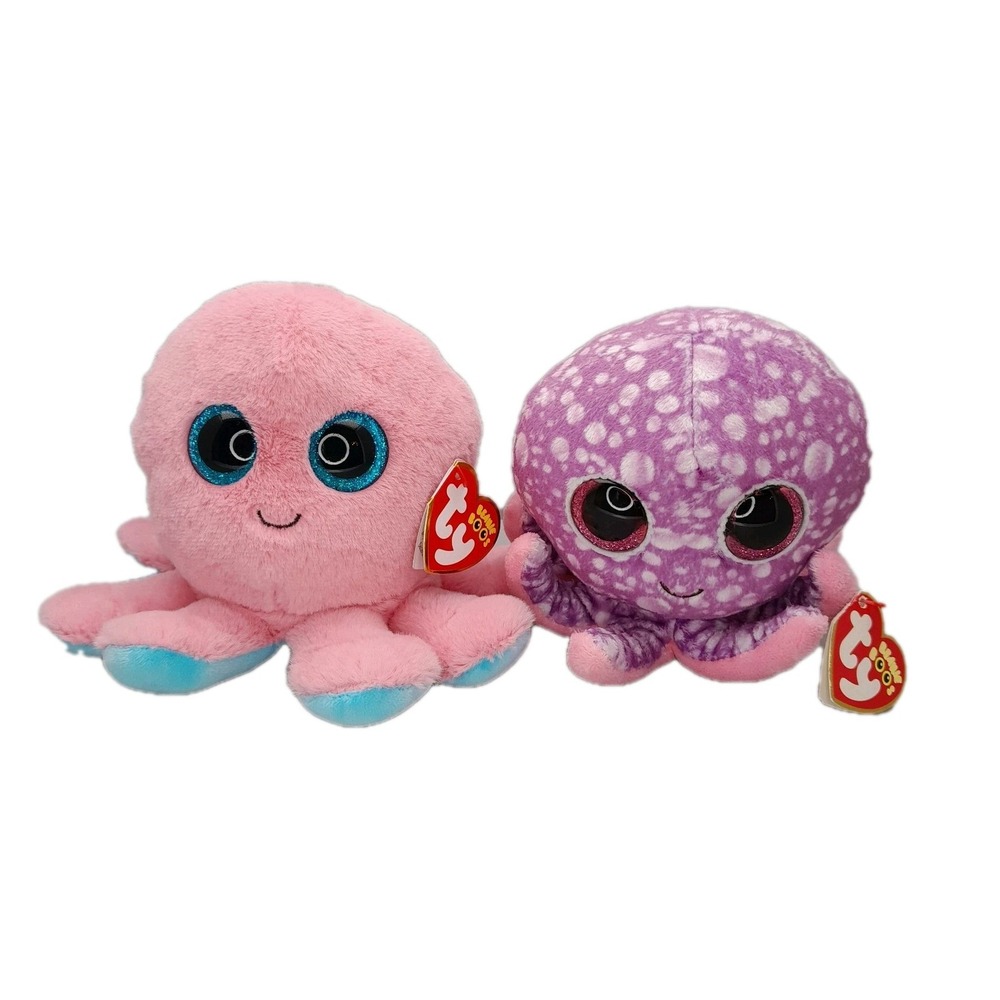 Ty Beanie Boos Octopus Lot 2 Sheldon Coral Legs Purple 6" Plush Glitter Eyes